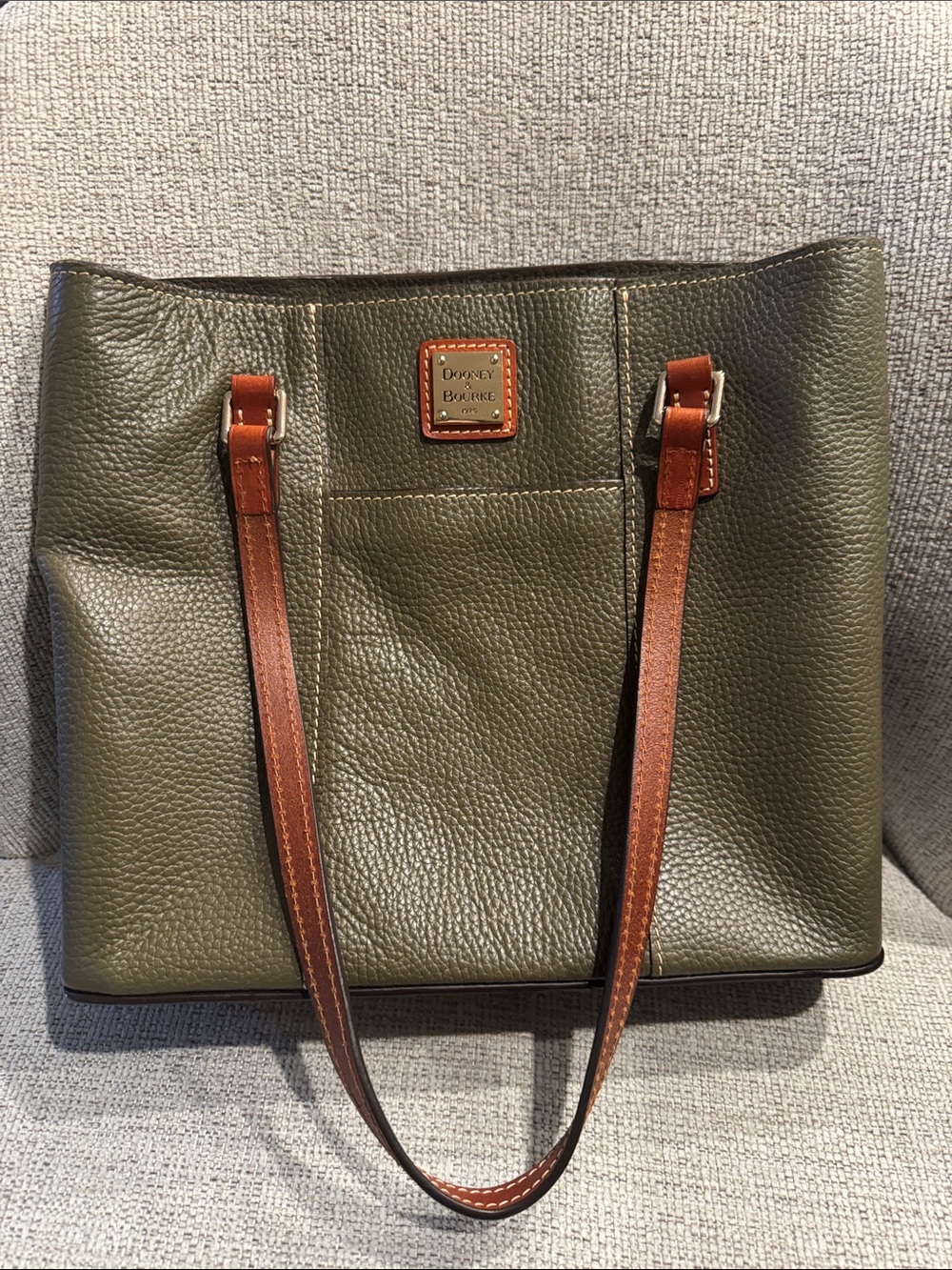 Dooney & Bourke Olive Green Pebbled Leather Tote with Brown Straps